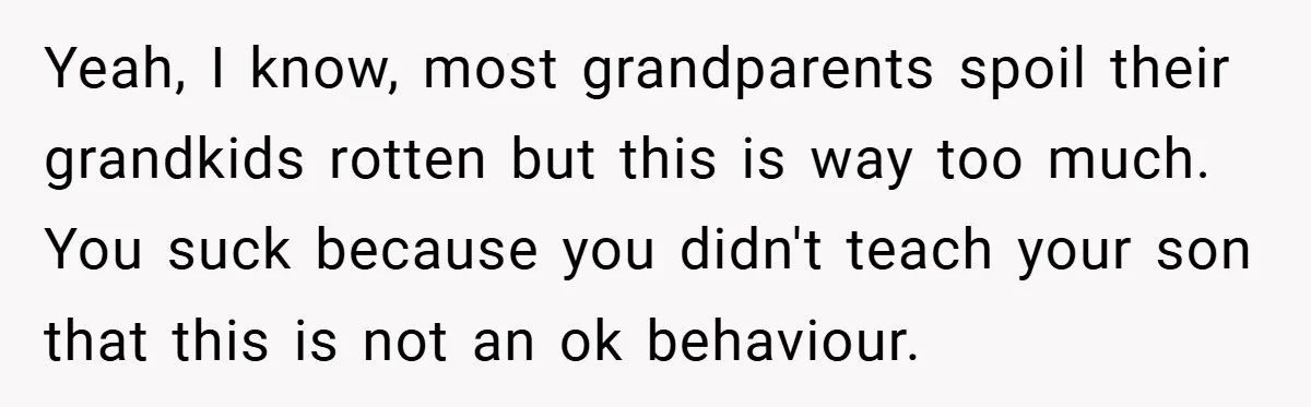 Yeah, I know, most grandparents spoil their grandkids rotten but this is way too much. You suck because you didn't teach your son that this is not an ok behaviour.