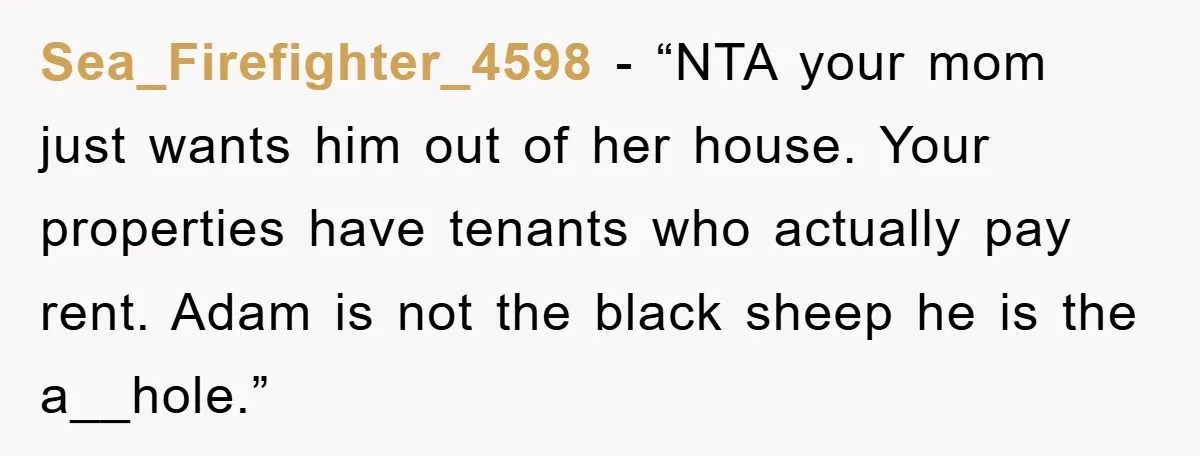 Sea_Firefighter_4598 - “NTA your mom just wants him out of her house. Your properties have tenants who actually pay rent. Adam is not the black sheep he is the a__hole.”