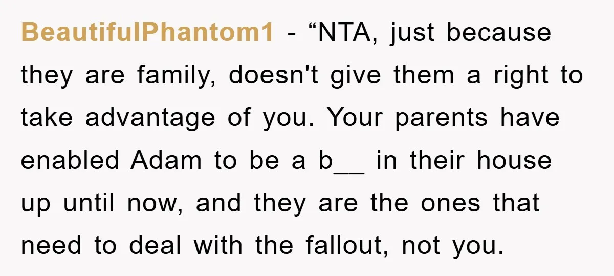 BeautifulPhantom1 - “NTA, just because they are family, doesn't give them a right to take advantage of you. Your parents have enabled Adam to be a b__ in their house...