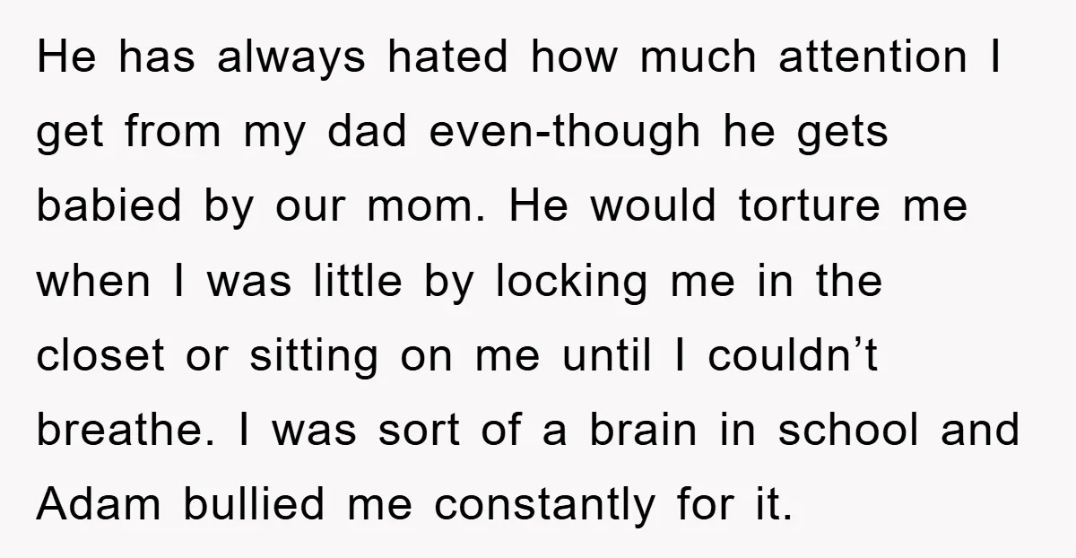 He has always hated how much attention I get from my dad even-though he gets babied by our mom. He would torture me when I was little by locking me...