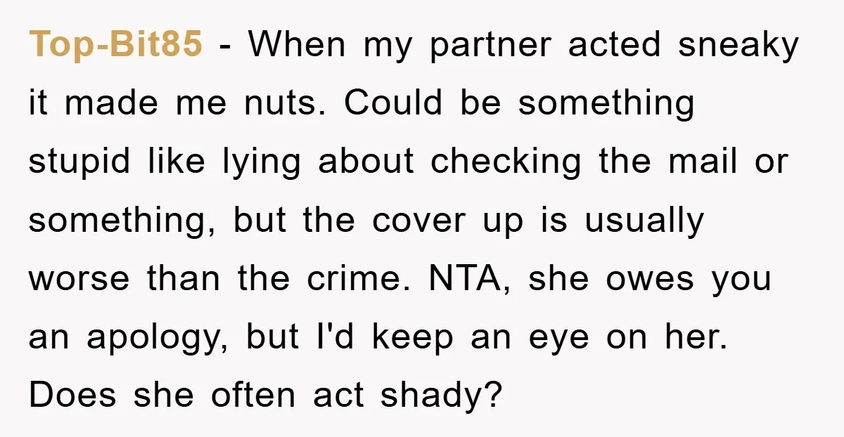 Top-Bit85 − When my partner acted sneaky it made me nuts. Could be something stupid like lying about checking the mail or something, but the cover up is usually worse...