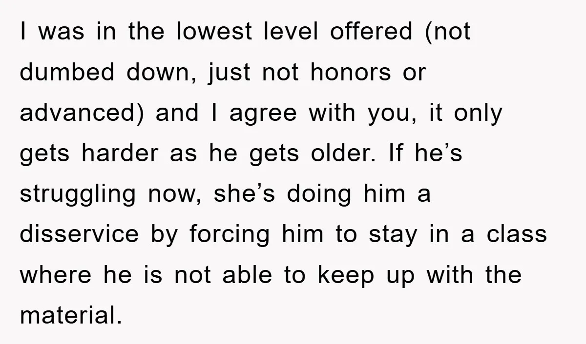 I was in the lowest level offered (not dumbed down, just not honors or advanced) and I agree with you, it only gets harder as he gets older. If he’s...