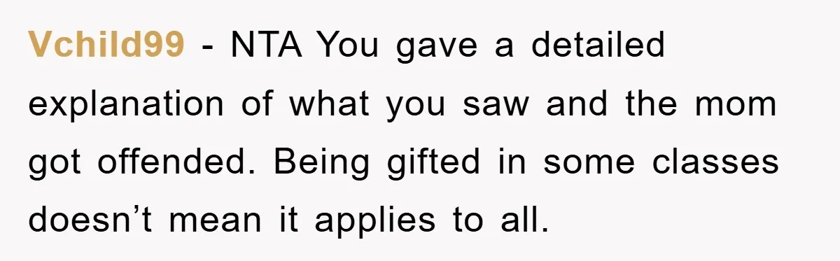 Vchild99 − NTA You gave a detailed explanation of what you saw and the mom got offended. Being gifted in some classes doesn’t mean it applies to all.