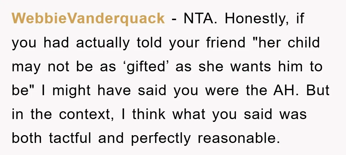 WebbieVanderquack − NTA. Honestly, if you had actually told your friend "her child may not be as ‘gifted’ as she wants him to be" I might have said you were...