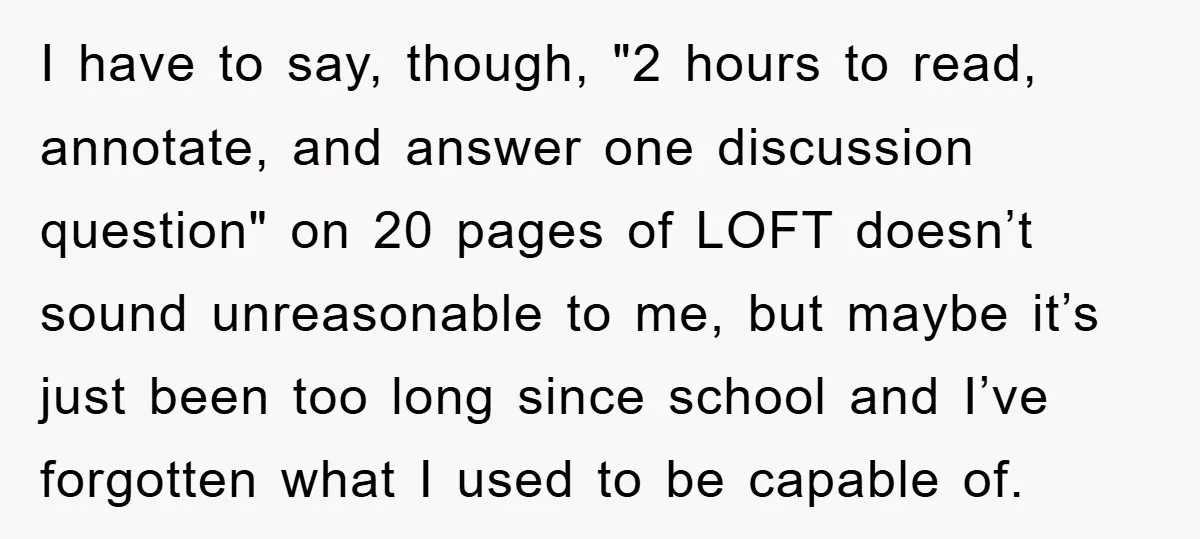 I have to say, though, "2 hours to read, annotate, and answer one discussion question" on 20 pages of LOFT doesn’t sound unreasonable to me, but maybe it’s just been...