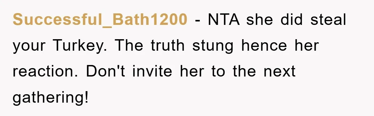 Successful_Bath1200 − NTA she did steal your Turkey. The truth stung hence her reaction. Don't invite her to the next gathering!