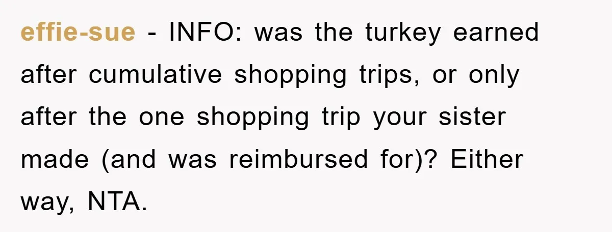effie-sue − INFO: was the turkey earned after cumulative shopping trips, or only after the one shopping trip your sister made (and was reimbursed for)? Either way, NTA.