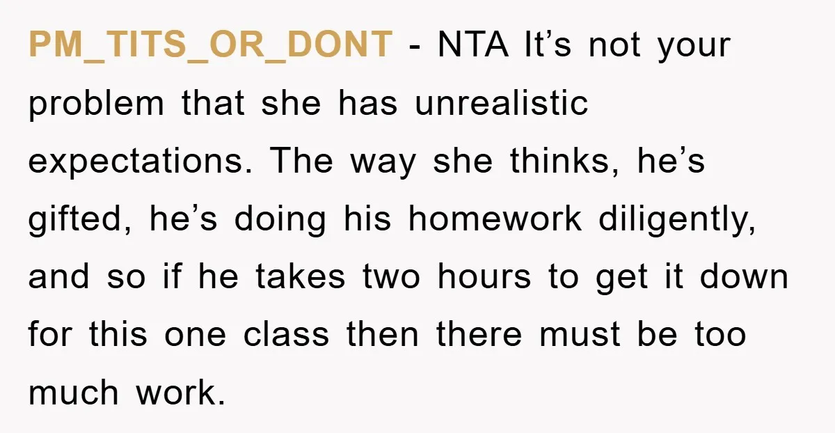 PM_TITS_OR_DONT − NTA It’s not your problem that she has unrealistic expectations. The way she thinks, he’s gifted, he’s doing his homework diligently, and so if he takes two hours...