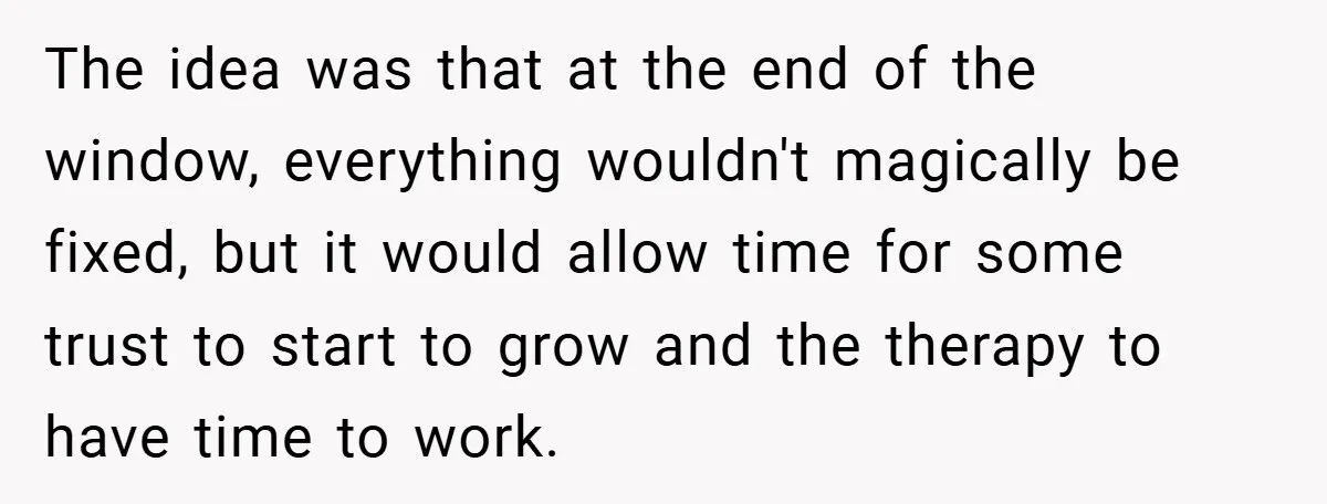 The idea was that at the end of the window, everything wouldn't magically be fixed, but it would allow time for some trust to start to grow and the therapy...