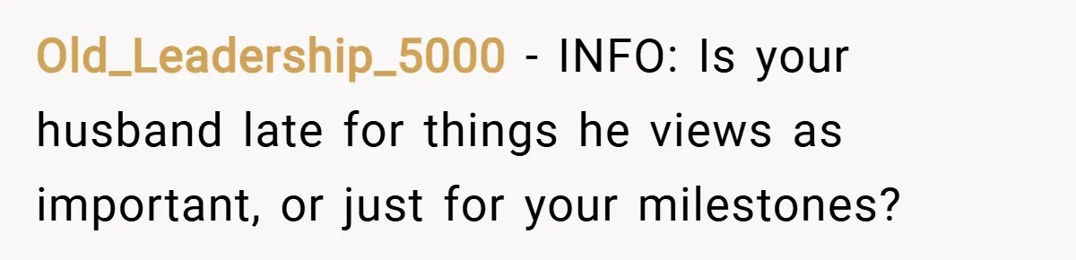 Old_Leadership_5000 − INFO: Is your husband late for things he views as important, or just for your milestones?