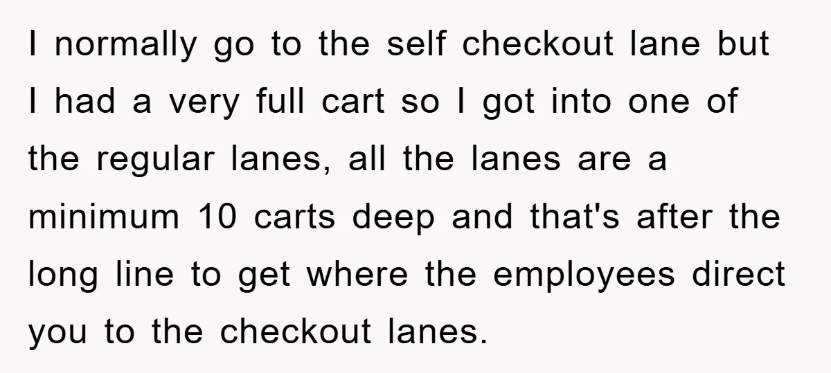 I normally go to the self checkout lane but I had a very full cart so I got into one of the regular lanes, all the lanes are a minimum...