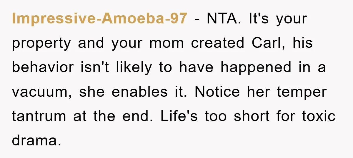 Impressive-Amoeba-97 - NTA. It's your property and your mom created Carl, his behavior isn't likely to have happened in a vacuum, she enables it. Notice her temper tantrum at the...