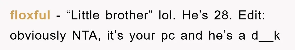 floxful - “Little brother” lol. He’s 28. Edit: obviously NTA, it’s your pc and he’s a d__k