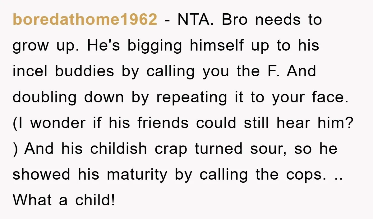 boredathome1962 - NTA. Bro needs to grow up. He's bigging himself up to his incel buddies by calling you the F. And doubling down by repeating it to your face....
