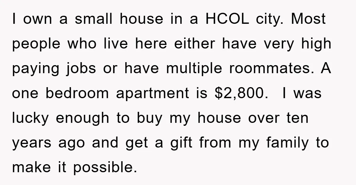 I own a small house in a HCOL city. Most people who live here either have very high paying jobs or have multiple roommates. A one bedroom apartment is $2,800....