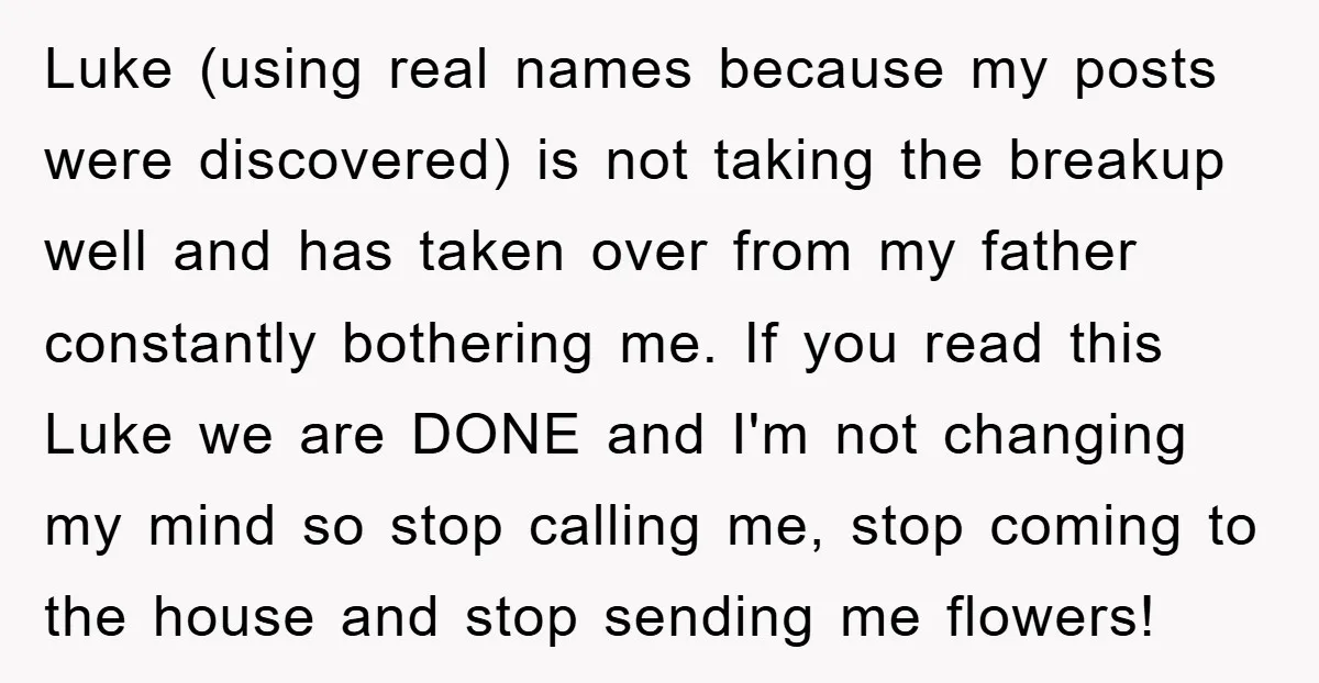 Luke (using real names because my posts were discovered) is not taking the breakup well and has taken over from my father constantly bothering me. If you read this Luke...