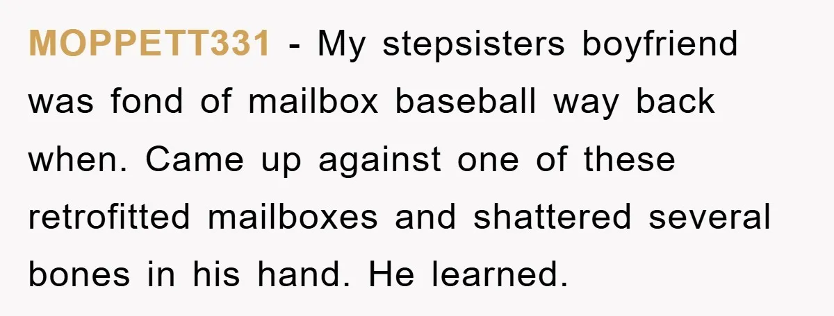 MOPPETT331 − My stepsisters boyfriend was fond of mailbox baseball way back when. Came up against one of these retrofitted mailboxes and shattered several bones in his hand. He learned.