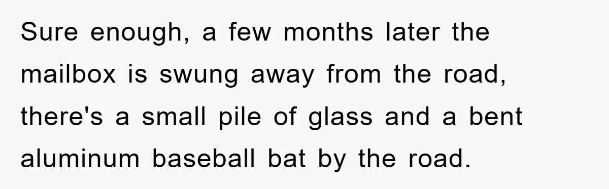 Sure enough, a few months later the mailbox is swung away from the road, there's a small pile of glass and a bent aluminum baseball bat by the road.