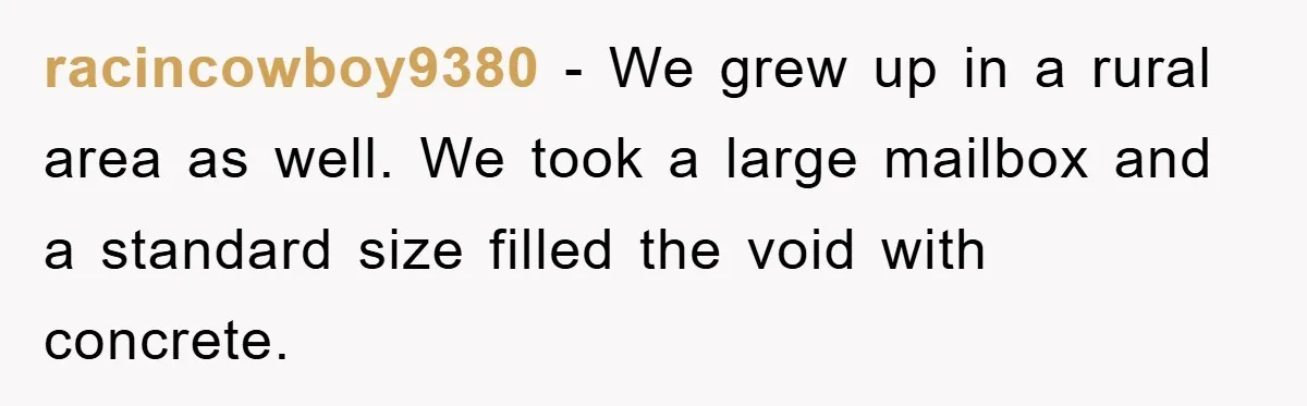 racincowboy9380 − We grew up in a rural area as well. We took a large mailbox and a standard size filled the void with concrete.