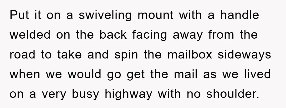 Put it on a swiveling mount with a handle welded on the back facing away from the road to take and spin the mailbox sideways when we would go get...