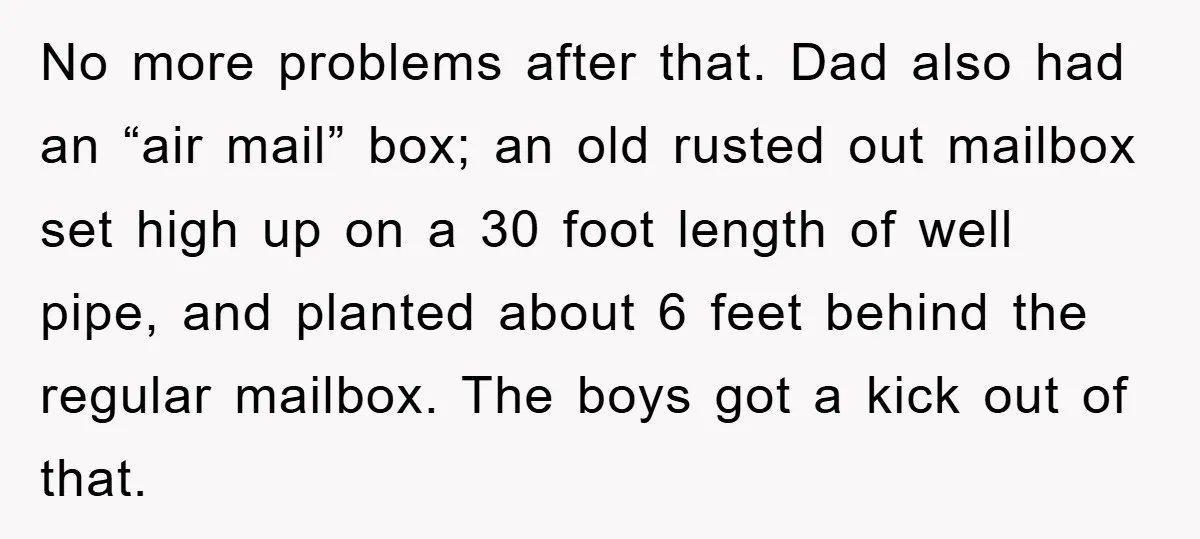 No more problems after that. Dad also had an “air mail” box; an old rusted out mailbox set high up on a 30 foot length of well pipe, and planted...