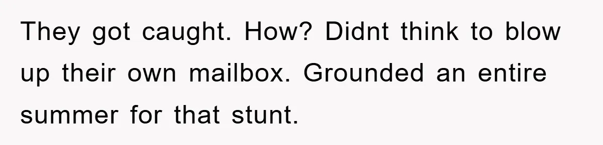 They got caught. How? Didnt think to blow up their own mailbox. Grounded an entire summer for that stunt.
