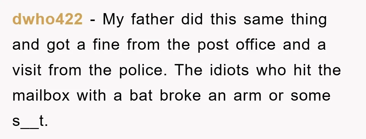 dwho422 − My father did this same thing and got a fine from the post office and a visit from the police. The idiots who hit the mailbox with a...