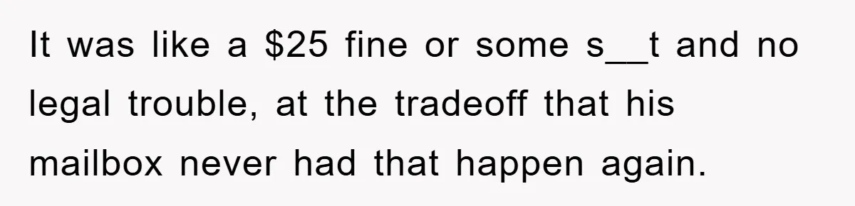 It was like a $25 fine or some s__t and no legal trouble, at the tradeoff that his mailbox never had that happen again.
