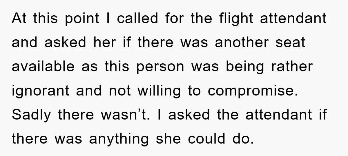At this point I called for the flight attendant and asked her if there was another seat available as this person was being rather ignorant and not willing to compromise....