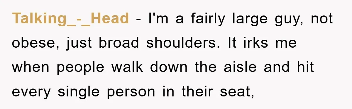 Talking_-_Head − I'm a fairly large guy, not obese, just broad shoulders. It irks me when people walk down the aisle and hit every single person in their seat,