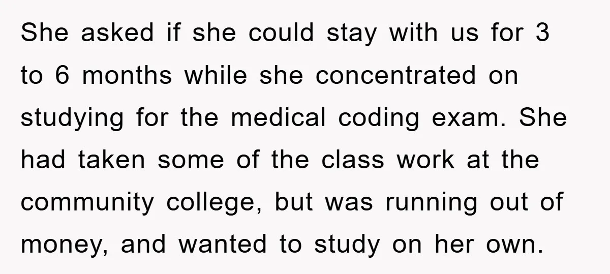 She asked if she could stay with us for 3 to 6 months while she concentrated on studying for the medical coding exam. She had taken some of the class...
