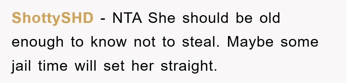 ShottySHD − NTA She should be old enough to know not to steal. Maybe some jail time will set her straight.