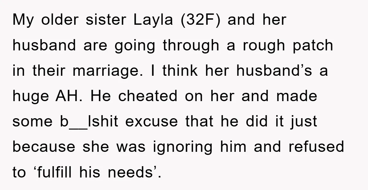 My older sister Layla (32F) and her husband are going through a rough patch in their marriage. I think her husband’s a huge AH. He cheated on her and made...