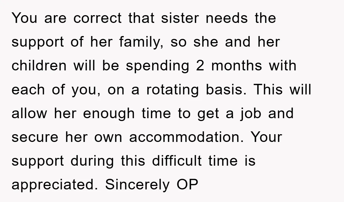 You are correct that sister needs the support of her family, so she and her children will be spending 2 months with each of you, on a rotating basis. This...