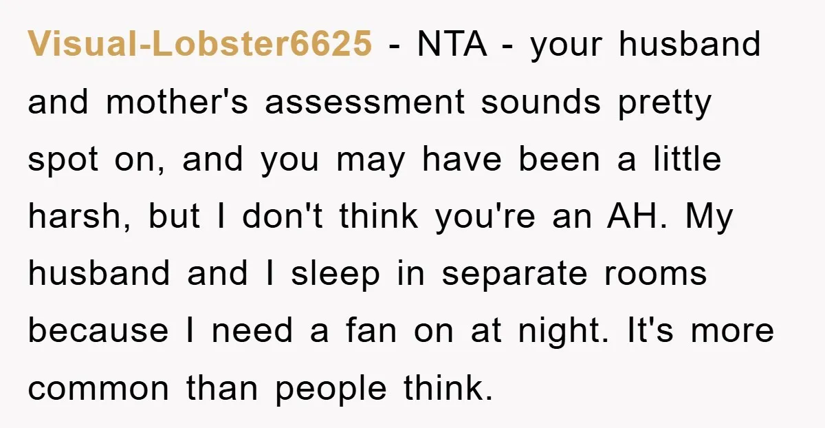 Visual-Lobster6625 − NTA - your husband and mother's assessment sounds pretty spot on, and you may have been a little harsh, but I don't think you're an AH. My husband...