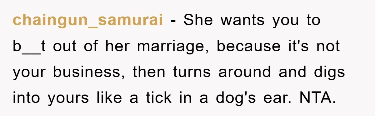 chaingun_samurai − She wants you to b__t out of her marriage, because it's not your business, then turns around and digs into yours like a tick in a dog's ear....