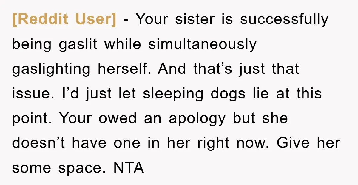 [Reddit User] − Your sister is successfully being gaslit while simultaneously gaslighting herself. And that’s just that issue. I’d just let sleeping dogs lie at this point. Your owed an...
