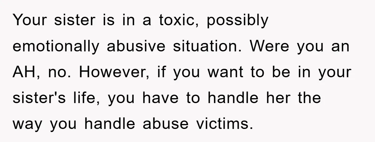 Your sister is in a toxic, possibly emotionally abusive situation. Were you an AH, no. However, if you want to be in your sister's life, you have to handle her...