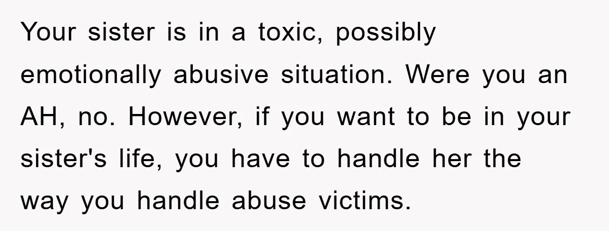 Your sister is in a toxic, possibly emotionally abusive situation. Were you an AH, no. However, if you want to be in your sister's life, you have to handle her...
