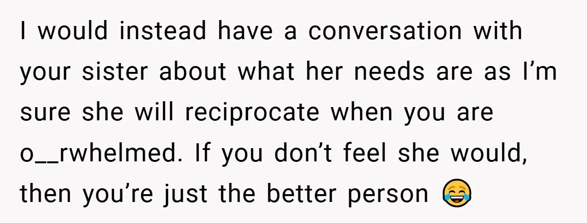 I would instead have a conversation with your sister about what her needs are as I’m sure she will reciprocate when you are o__rwhelmed. If you don’t feel she would,...