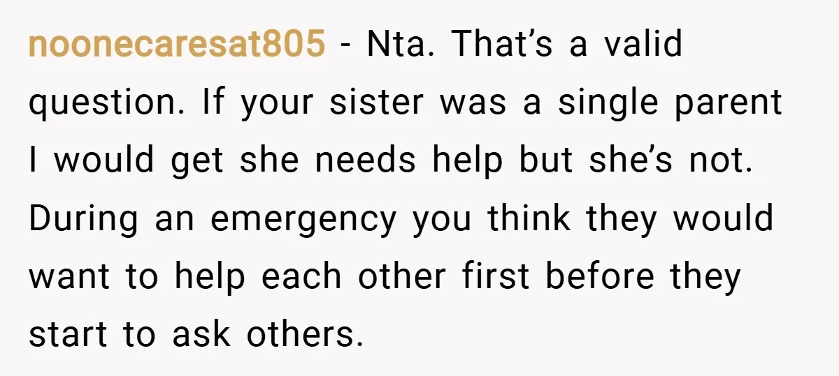 noonecaresat805 − Nta. That’s a valid question. If your sister was a single parent I would get she needs help but she’s not. During an emergency you think they would...
