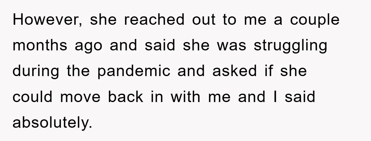 However, she reached out to me a couple months ago and said she was struggling during the pandemic and asked if she could move back in with me and I...