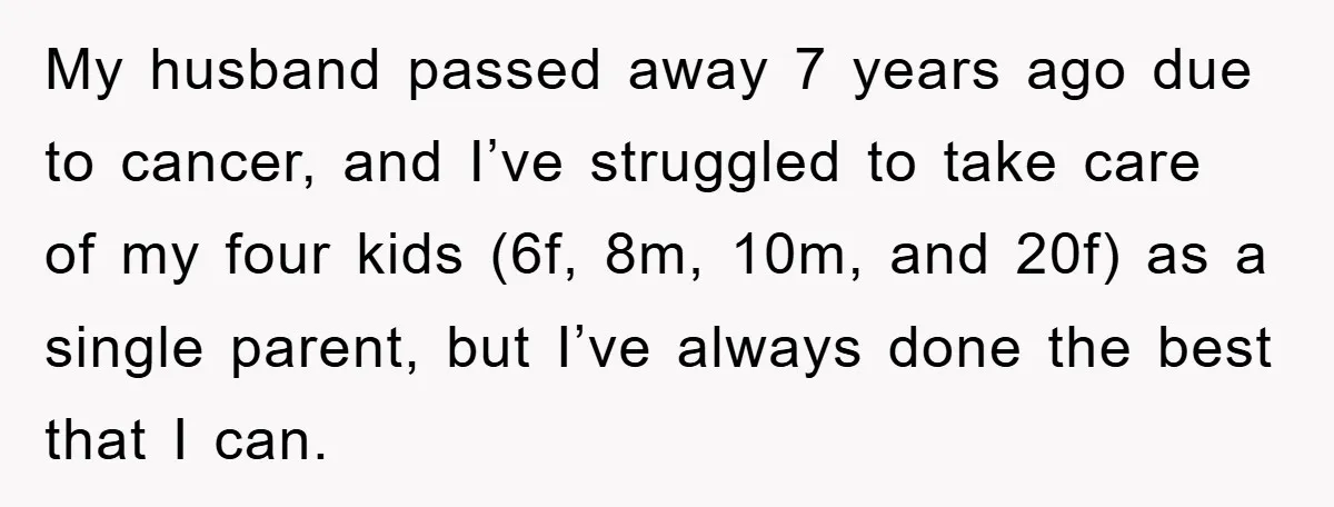 My husband passed away 7 years ago due to cancer, and I’ve struggled to take care of my four kids (6f, 8m, 10m, and 20f) as a single parent, but...
