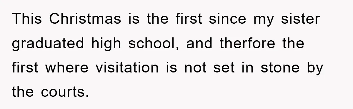 This Christmas is the first since my sister graduated high school, and therfore the first where visitation is not set in stone by the courts.