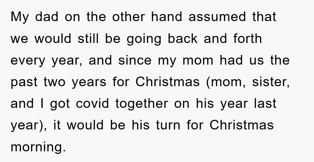 My dad on the other hand assumed that we would still be going back and forth every year, and since my mom had us the past two years for Christmas...