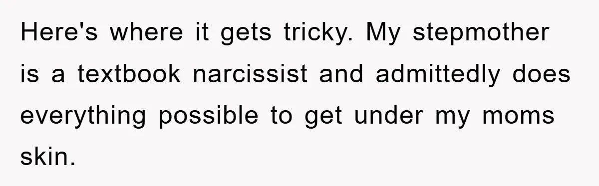 Here's where it gets tricky. My stepmother is a textbook narcissist and admittedly does everything possible to get under my moms skin.