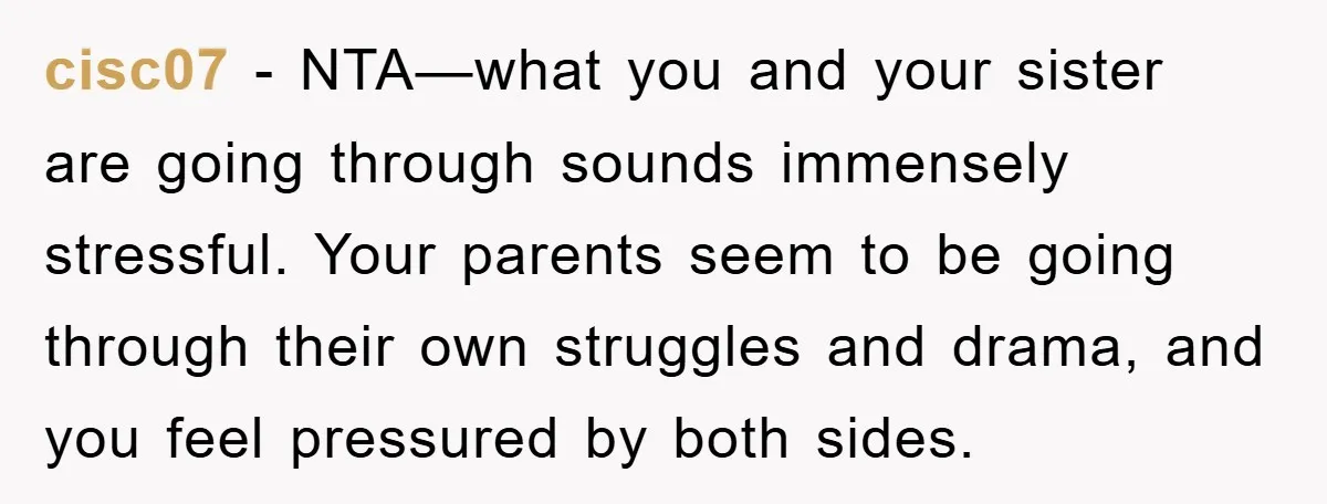 cisc07 − NTA—what you and your sister are going through sounds immensely stressful. Your parents seem to be going through their own struggles and drama, and you feel pressured by...