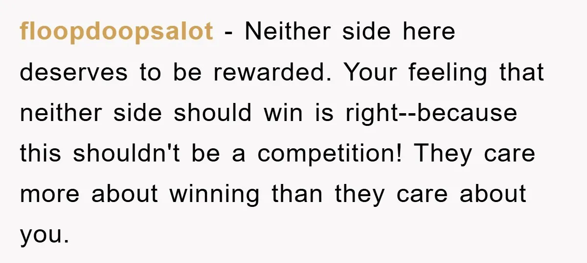 floopdoopsalot − Neither side here deserves to be rewarded. Your feeling that neither side should win is right--because this shouldn't be a competition! They care more about winning than they...