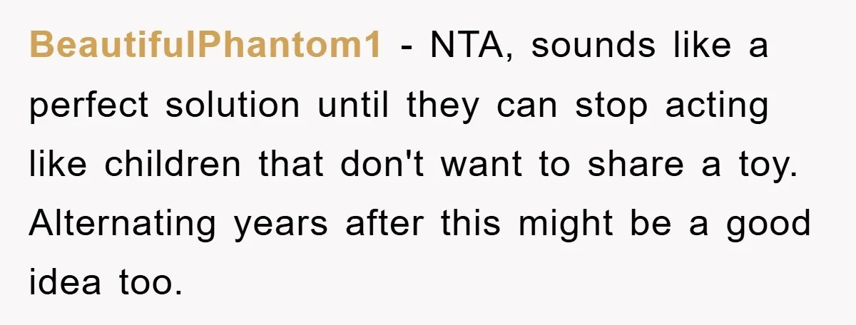 BeautifulPhantom1 − NTA, sounds like a perfect solution until they can stop acting like children that don't want to share a toy. Alternating years after this might be a good...