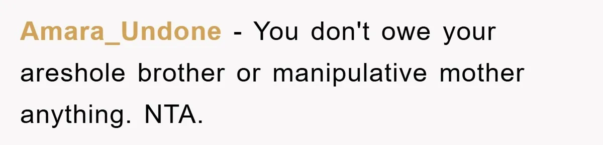 Amara_Undone - You don't owe your areshole brother or manipulative mother anything. NTA.